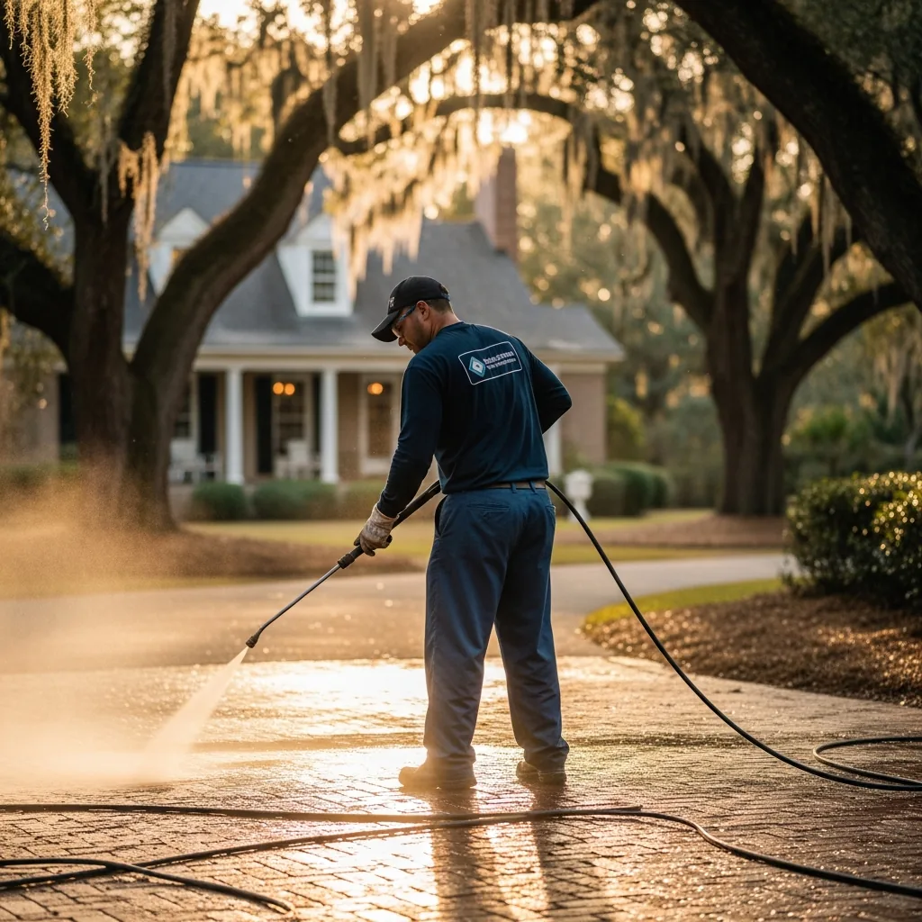 NU Drive Cleaning pressure washing technician cleaning a brick driveway at a Thomasville, GA home